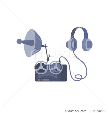 Vector isolated illustration of detective listening device on white background, flat espionage echo sounder, headphones and tape recorder 104098435