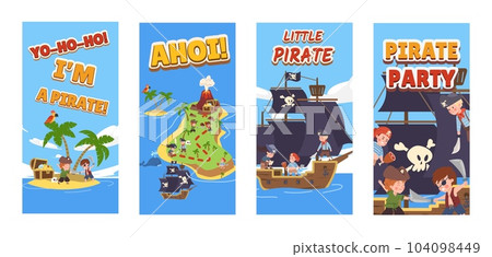Set of flyers about children pirate party flat style, vector illustration 104098449