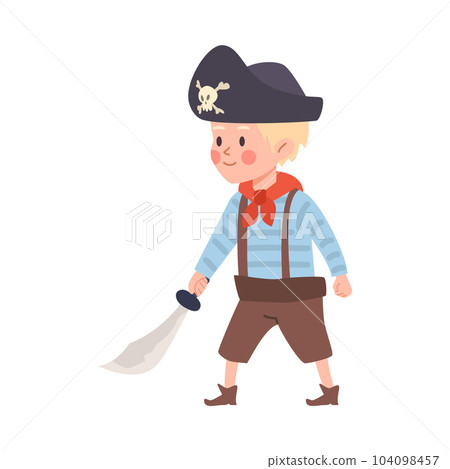 Boy playing pirates wearing hat with crossbones, vector illustration isolated. 104098457