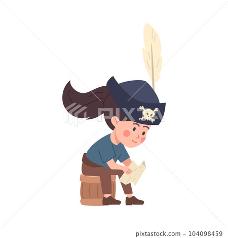Vector isolated illustration of girl with hat with feather and skull sits on wooden barrel and reads a letter, cartoon pirate captain kid 104098459