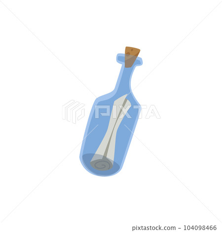 Vector illustration of glass bottle with paper roll inside on white background, Message in the bottle, Pirates symbol Vector illustration of glass bottle with paper roll inside on white background, Message in the bottle, Pirates symbol 104098466