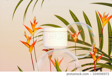 Cosmetic cream jar on a background of tropical plants and soap bubbles. 3d rendering Cosmetic cream jar on a background of tropical plants and soap bubbles. 3d rendering 104098972