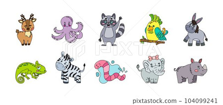 Animals Cute Doodle Set Vector Color Illustration Isolated on White Background 104099241