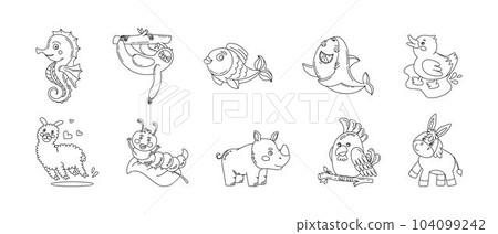 Animals Cute Funny Set of Drawings Vector black and white illustration Isolated on a white background 104099242