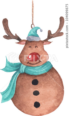 Cute reindeer in Santa hat. Vintage Christmas decoration. Watercolor Christmas card for invitations, greetings, holidays and decor. Cute reindeer in Santa hat. Vintage Christmas decoration. Watercolor Christmas card for invitations, greetings, holidays and decor. 104099875