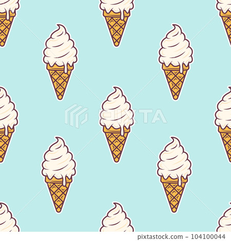 Creamy ice cream cone seamless pattern cartoon style. Vector illustration isolated on blue background Creamy ice cream cone seamless pattern cartoon style. Vector illustration isolated on blue background 104100044