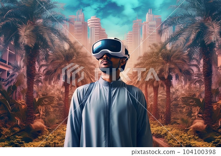 Face of modern Muslim man with beard wearing virtual reality glasses in cyber space AI Face of modern Muslim man with beard wearing virtual reality glasses in cyber space AI 104100398
