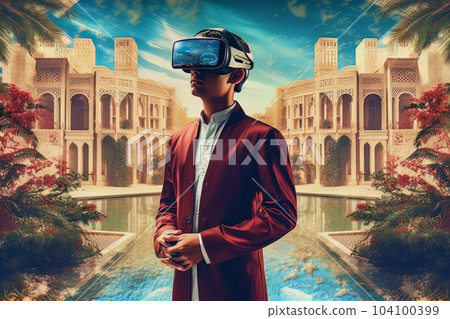 Face of modern Muslim man with beard wearing virtual reality glasses in cyber space AI 104100399