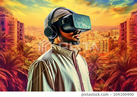Face of modern Muslim man with beard wearing virtual reality glasses in cyber space AI 104100400