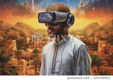 Face of modern Muslim man with beard wearing virtual reality glasses in cyber space AI Face of modern Muslim man with beard wearing virtual reality glasses in cyber space AI 104100401