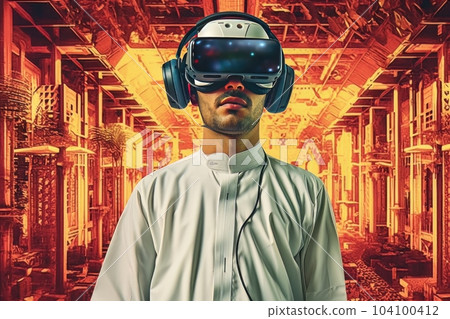 Face of modern Muslim man with beard wearing virtual reality glasses in cyber space AI Face of modern Muslim man with beard wearing virtual reality glasses in cyber space AI 104100412