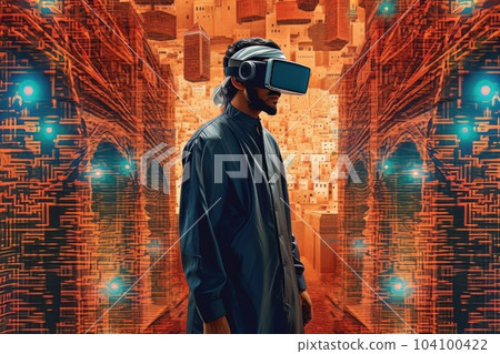 Face of modern Muslim man with beard wearing virtual reality glasses in cyber space AI 104100422