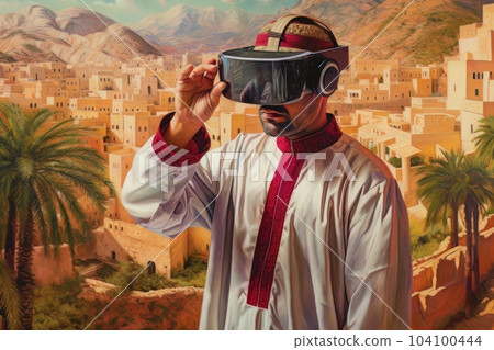 Face of modern man with beard wearing virtual reality glasses in the neon city AI 104100444