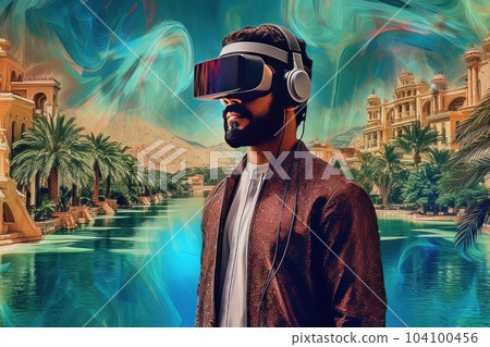 Face of modern man with beard wearing virtual reality glasses in the neon city AI Face of modern man with beard wearing virtual reality glasses in the neon city AI 104100456