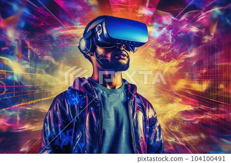 Face of modern Muslim man with beard wearing virtual reality glasses in cyber space AI Face of modern Muslim man with beard wearing virtual reality glasses in cyber space AI 104100491