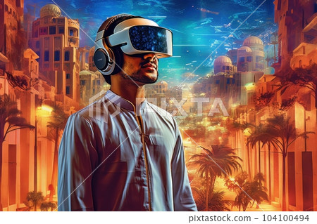 Face of modern man with beard wearing virtual reality glasses in the neon city AI Face of modern man with beard wearing virtual reality glasses in the neon city AI 104100494