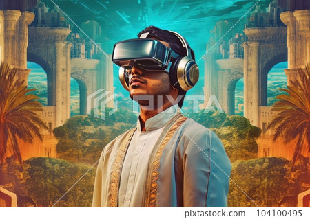 Face of modern man with beard wearing virtual reality glasses in the neon city AI Face of modern man with beard wearing virtual reality glasses in the neon city AI 104100495