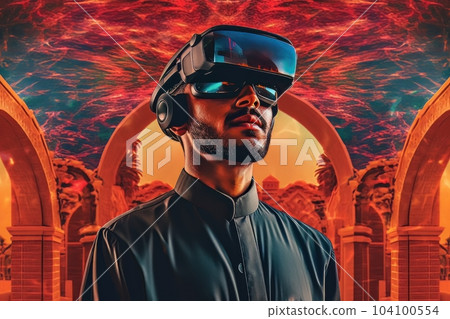 Face of modern Muslim man with beard wearing virtual reality glasses in cyber space AI Face of modern Muslim man with beard wearing virtual reality glasses in cyber space AI 104100554