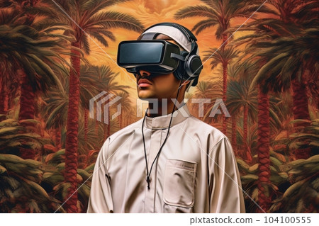 Face of modern man with beard wearing virtual reality glasses in the neon city AI Face of modern man with beard wearing virtual reality glasses in the neon city AI 104100555