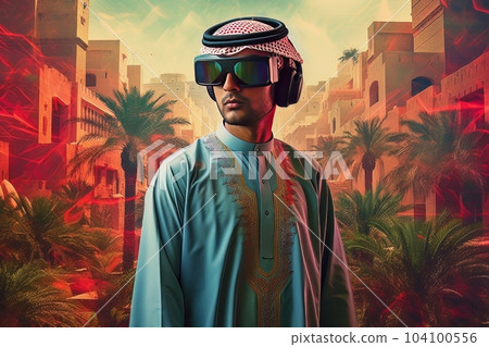Face of modern man with beard wearing virtual reality glasses in the neon city AI Face of modern man with beard wearing virtual reality glasses in the neon city AI 104100556