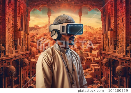 Face of modern Muslim man with beard wearing virtual reality glasses in cyber space AI Face of modern Muslim man with beard wearing virtual reality glasses in cyber space AI 104100559