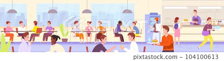 School canteen. Students eating food in university catering, college kitchen chef serving kid young student, dining room hall cafeteria buffet interior splendid vector illustration School canteen. Students eating food in university catering, college kitchen chef serving kid young student, dining room hall cafeteria buffet interior splendid vector illustration 104100613
