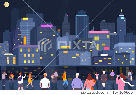Crowd night city. People watching evening cityscape on crowded town embankment, woman man children and friends view midnight skyscrapers background, splendid vector illustration 104100660
