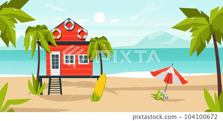 Beach bungalow house background. Cartoon tropical landscape with sand and water, tropical coast with palm trees, idyllic paradise hotel. Vector illustration 104100672