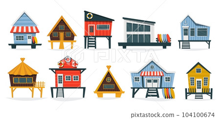 Beach huts collection. Cartoon summer vacation bungalow with roof and veranda, cottage house facade with doors and windows. Vector isolated set Beach huts collection. Cartoon summer vacation bungalow with roof and veranda, cottage house facade with doors and windows. Vector isolated set 104100674
