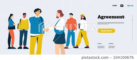 Character agreement landing page. Professional handshaking male and female workers. Cartoon hand shake for employee partnership concept. Vector illustration 104100676