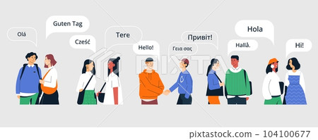 People multilingual greeting. Man woman characters speak different languages, multicultural diverse persons of various race and ethnicity. Vector cartoon set 104100677