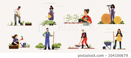 Farm workers. Cartoon persons working in country field cultivate crops and plant seeds, agricultural employees working in garden with tools. Vector flat illustration 104100679