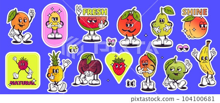 Groovy cartoon fruits stickers. 80s 90s funky fruity labels with smile face, colorful retro animation elements for packaging product design. Vector isolated set 104100681
