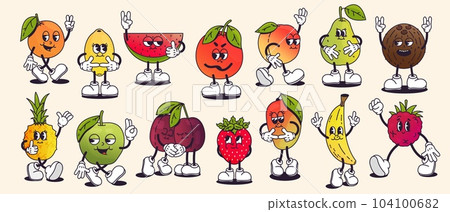 Retro cartoon fruits. Cartoon cute apple, orange and grapefruit faces, groovy comic characters different poses, fruits with happy smiley emotion. Vector isolated set 104100682