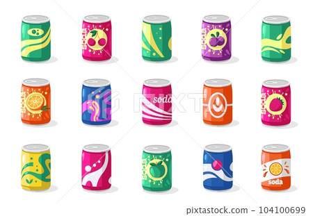Soda in aluminum can. Cute beverage cans with colorful sweet fizzy pop, colorful cold beverages packaging cartoon style. Vector isolated set 104100699