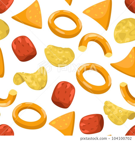Potato chips pattern. Seamless print of crunchy crispy salted snack, fast food fried food for party decoration. Vector texture 104100702
