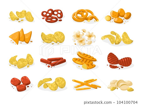 Salty snacks collection. Crunchy crackers, fried appetizers and baked snacks, nachos chips pretzels. Vector fast food isolated set 104100704