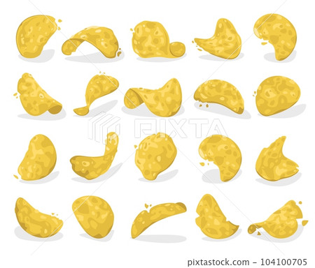 Potato chips set. Crispy salted fast food snack, unhealthy delicious classic snack for menu decoration in cartoon style. Vector collection 104100705