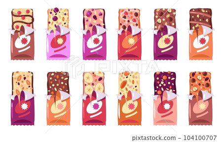 Granola bars packaging. Nutrition bars with icons, dried fruit and nuts, healthy snack bars with logo, nut and fruit cereal bar icons. Vector set Granola bars packaging. Nutrition bars with icons, dried fruit and nuts, healthy snack bars with logo, nut and fruit cereal bar icons. Vector set 104100707