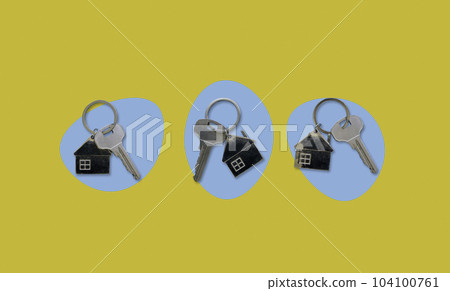Collage with three metal keys as symbol of real estate investment or buying of property. Collage with three metal keys as symbol of real estate investment or buying of property. 104100761