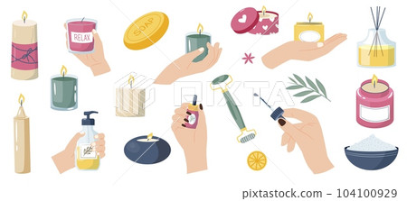 Hands with scented candles. Warm wax light with aroma and natural therapeutic products, wellness therapy and hygge decor. Vector flat illustration 104100929