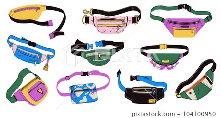 Waist bag. Doodle handbag with various pockets and accessories, fashion nylon purse with belt buckle, stylish summer accessory. Vector set Waist bag. Doodle handbag with various pockets and accessories, fashion nylon purse with belt buckle, stylish summer accessory. Vector set 104100950