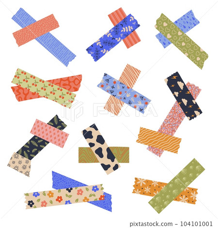 Decorative crossed tape. Sticky torn paper labels with adhesive stripes, ripped paper stickers for scrapbook and packaging, minimal design. Vector set 104101001
