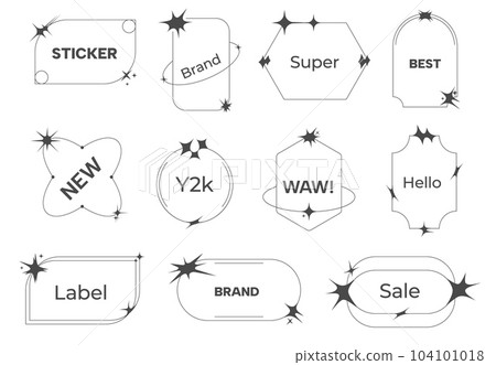 Y2k line labels. Outline linear stickers with vintage retro 70s 80s style, minimalist trendy badge frames with message and offer. Vector set Y2k line labels. Outline linear stickers with vintage retro 70s 80s style, minimalist trendy badge frames with message and offer. Vector set 104101018