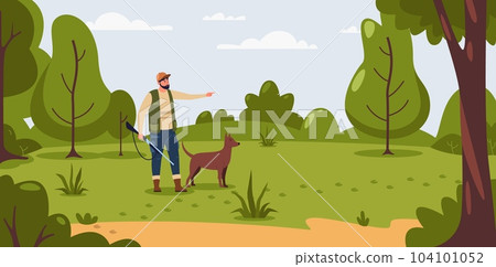 Hunting illustration. Cartoon hunter holding gun and aiming at target with weapon and equipment, nature recreational activity flat style. Vector illustration 104101052
