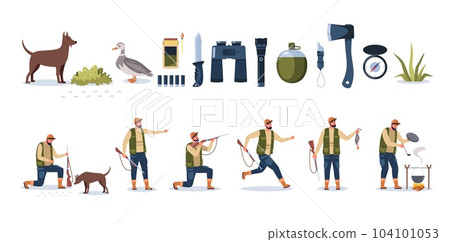 Hunter ammunition. Cartoon character gunner sniper rifles with hunting ammunition, shotgun and binoculars for hunting weapon. Vector isolated set 104101053