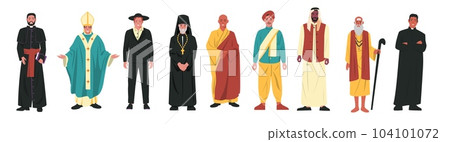 Religion characters. Different religious church leaders, buddhist monk christian priest rabbi judaist muslim mullah, faith diversity concept. Cartoon vector set Religion characters. Different religious church leaders, buddhist monk christian priest rabbi judaist muslim mullah, faith diversity concept. Cartoon vector set 104101072