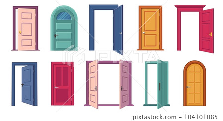 Open and closed door collection. Cartoon entrance and exit doors with handles and frames, home exterior architecture concept. Vector set 104101085