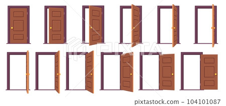 Open door sequence. Cartoon steps for animation of entrance and exit through door, white frames for sprite game asset. Vector isolated set 104101087