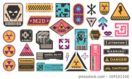 Industrial warning label. Security virus danger alert stickers with police attention, toxic hazard cyberpunk message. Vector isolated retrofuturistic set 104101108